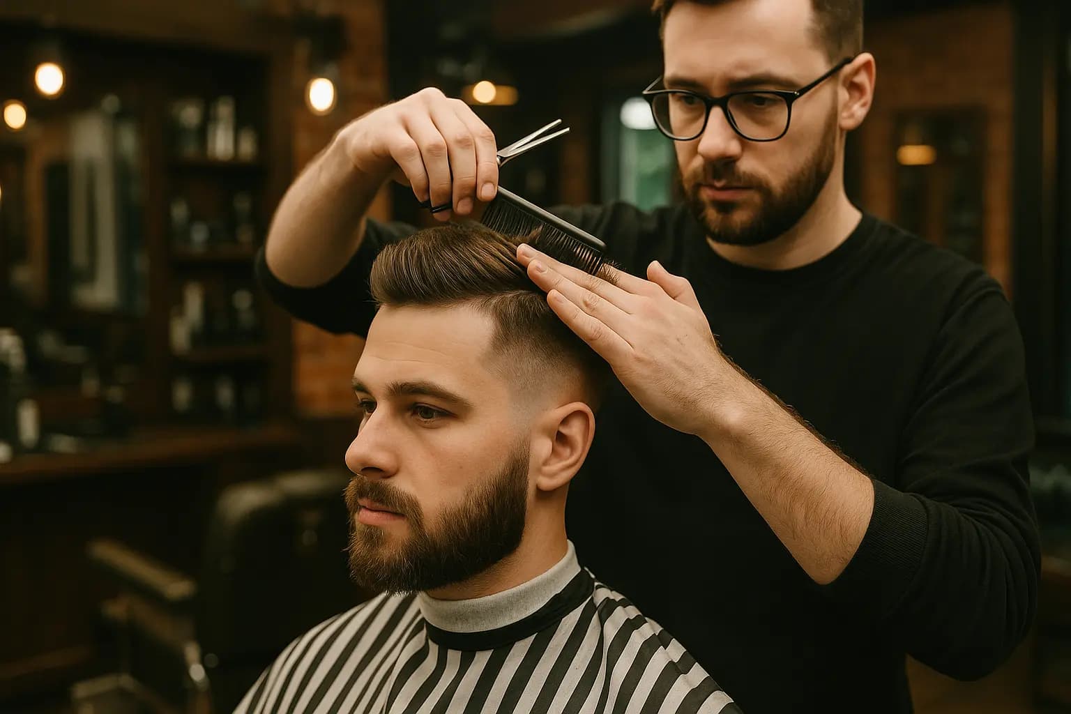 Barber with client at City Barbers in Manchester city centre
